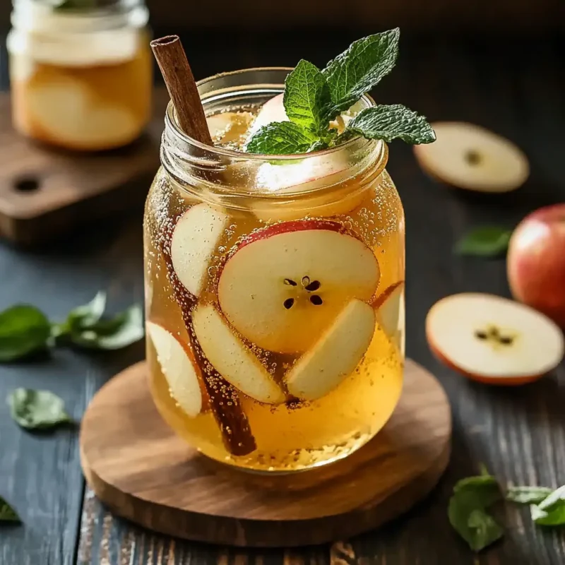 Brazilian Mounjaro Recipe with Apple Cider Vinegar in a jar with apple slices, cinnamon stick, and mint leaves, a natural detox and digestion drink