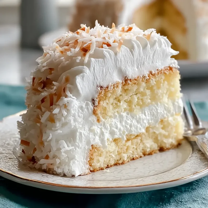 Slice of Coconut Cloud Cake with fluffy cream cheese frosting and toasted flake coconut topping on a white plate