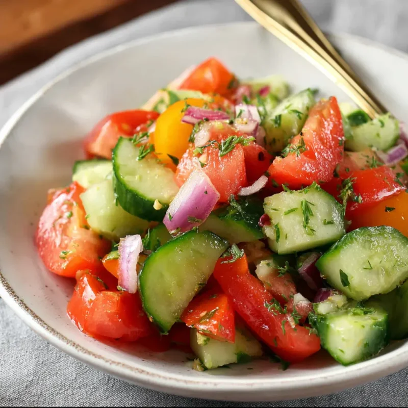 Chopped cucumber tomato salad with red onion and dill served in a shallow white bowl