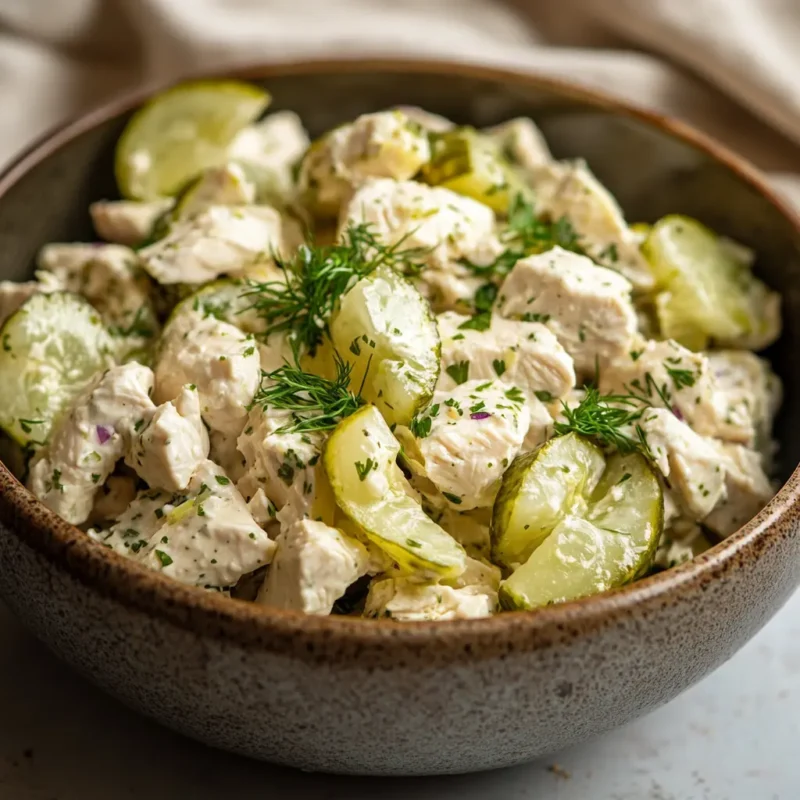 Homemade Dill Pickle Chicken Salad in a ceramic bowl with sliced pickles and fresh dill.