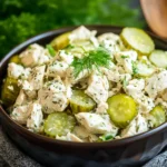 Bowl of creamy Dill Pickle Chicken Salad with sliced pickles and fresh dill garnish.