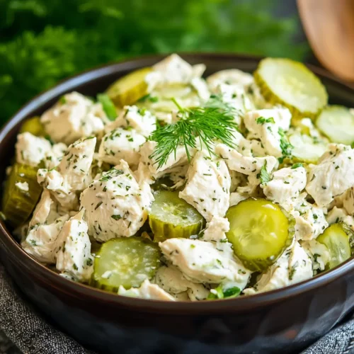 Bowl of creamy Dill Pickle Chicken Salad with sliced pickles and fresh dill garnish.