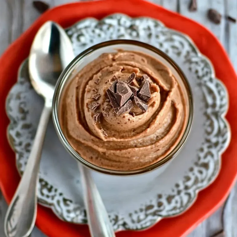 Top view of Easy Chocolate Mousse in a glass, garnished with chocolate chunks on a decorative plate.