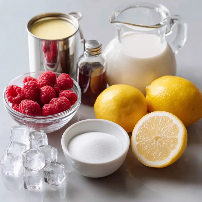 Side view of fresh ingredients for whipped pink lemonade including frozen raspberries, lemons, lemon juice, heavy cream, canned coconut milk, vanilla extract, sugar, and ice cubes on a clean surface