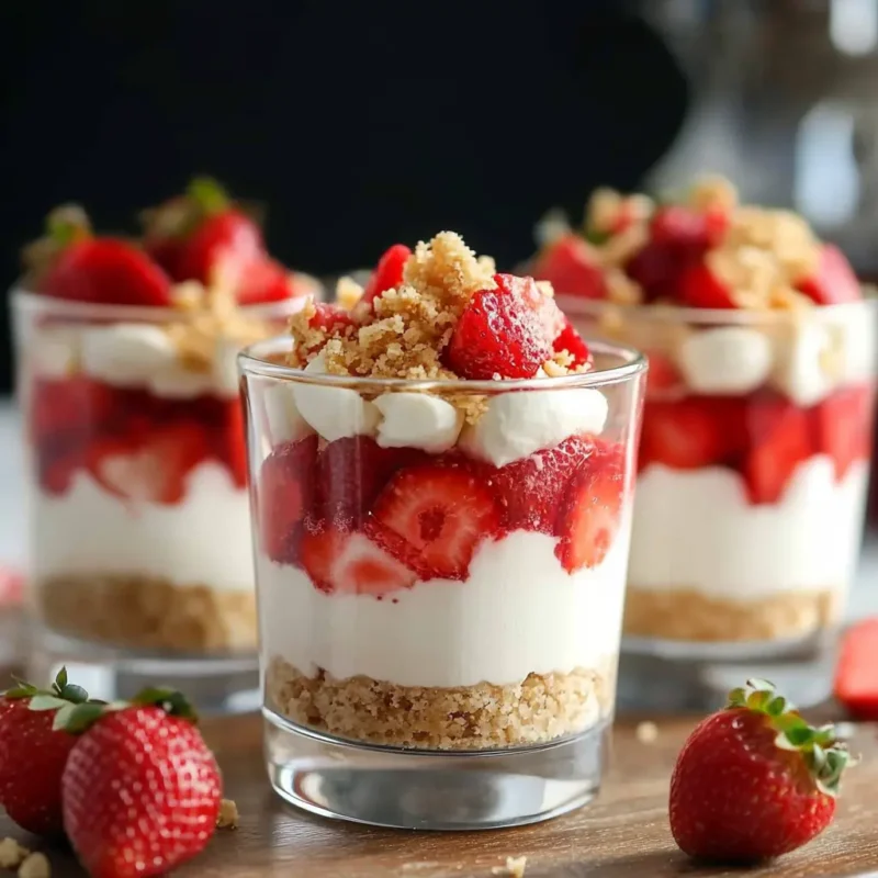 Side view of no bake strawberry cheesecake parfaits in glass cups, layered with crushed cookie crust, creamy cheesecake filling, fresh sliced strawberries, whipped topping, and a sprinkle of cookie crumbs, served on a wooden board.