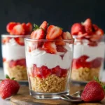 No bake strawberry cheesecake parfait in a clear dessert cup with layers of crushed cookies, creamy cheesecake filling, and fresh strawberries.