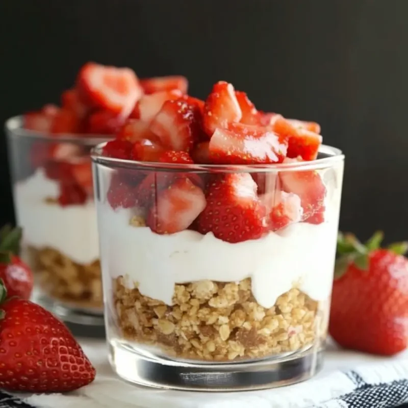 No Bake Strawberry Cheesecake Parfait in a clear glass, layered with crushed graham crackers, creamy cheesecake filling, and fresh strawberry topping.
