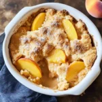 Fresh peach cobbler with golden crust and peach slices in a white baking dish