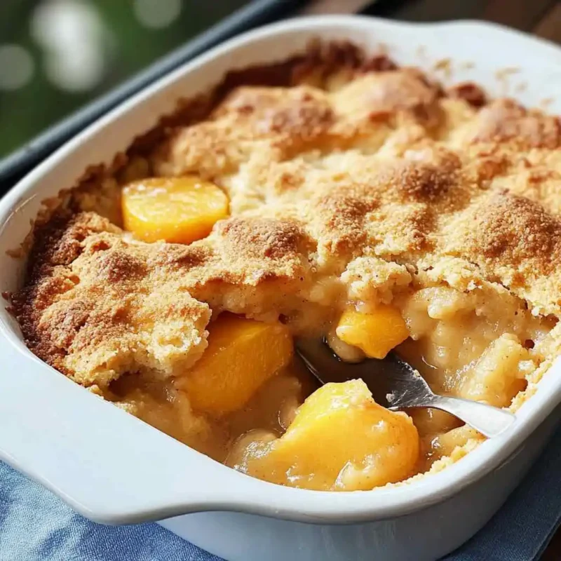 Fresh peach cobbler served in a white ceramic dish with golden crust and juicy peach filling.