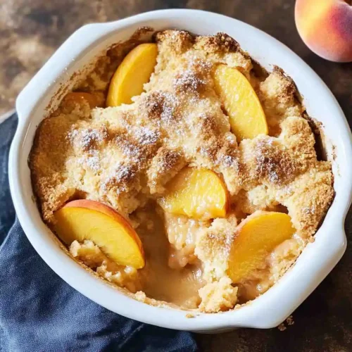 Fresh peach cobbler with golden crust and peach slices in a white baking dish
