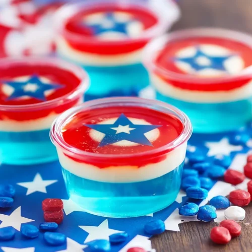 Red White & Blue American Flag Jello Shots in clear cups with layered red, white, and blue gelatin topped with a blue star decoration