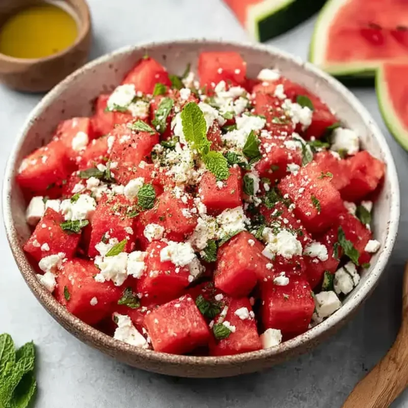 Bowl of watermelon feta salad with mint leaves and olive oil, garnished with black pepper.