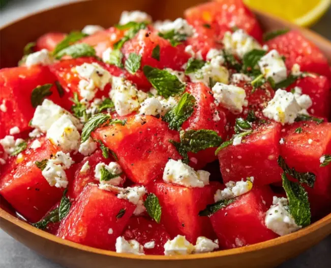 Close-up of a watermelon feta salad with fresh mint, black pepper, and lemon zest in a wooden bowl.