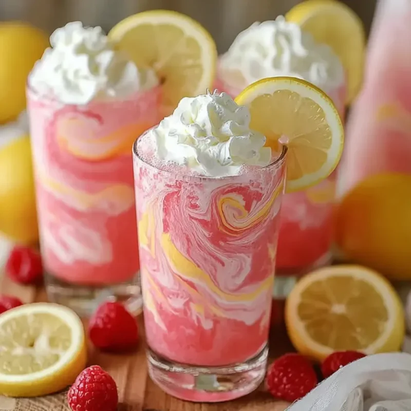 Vibrant whipped pink lemonade with yellow and white cream swirls, topped with whipped cream and lemon slices, surrounded by raspberries and lemons