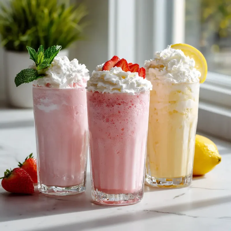Three homemade whipped pink lemonades in clear glasses, each with a unique garnish – mint, strawberries, and lemon – set on a modern white marble counter in natural light