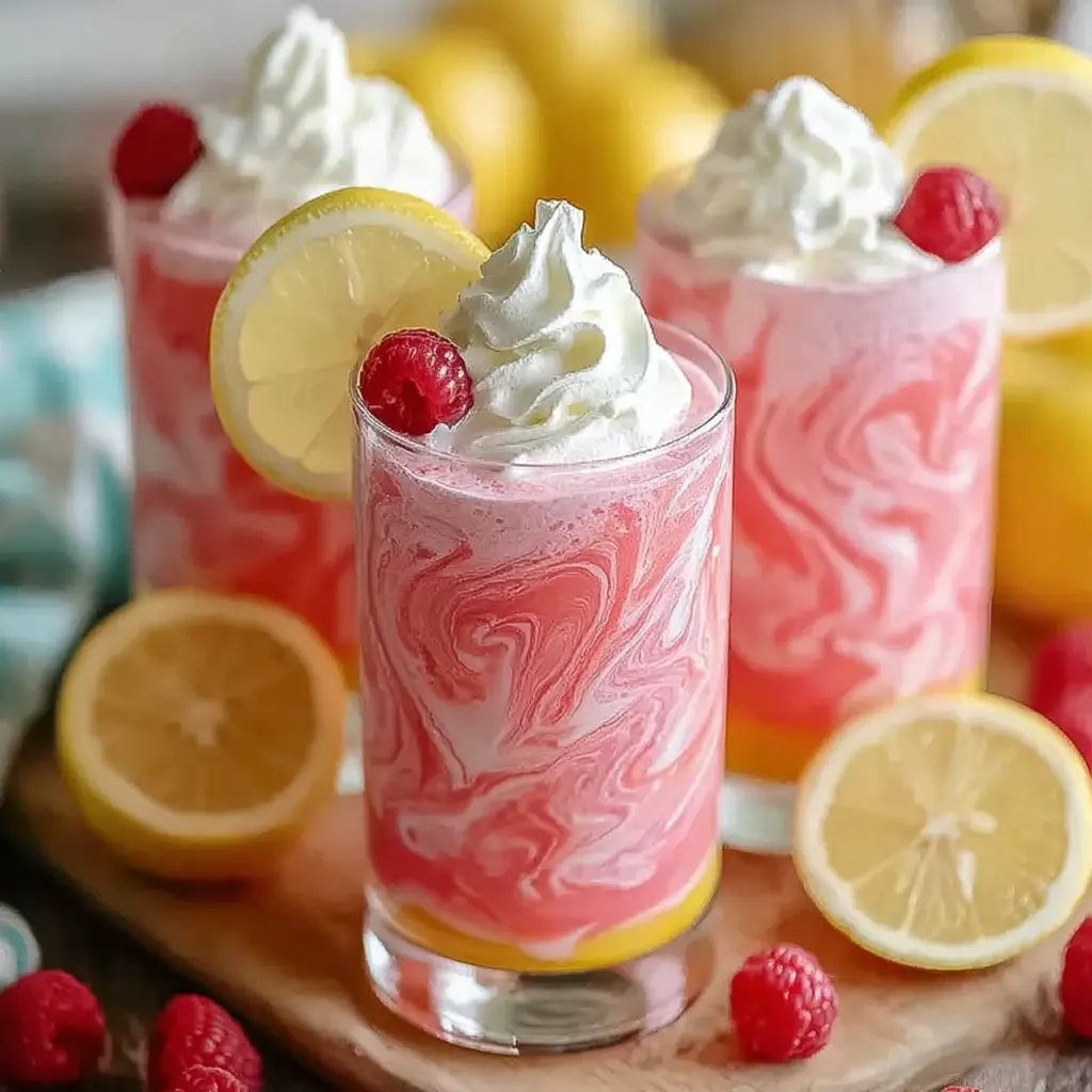 Whipped pink lemonade with creamy swirls, topped with whipped cream, raspberries, and lemon slice in clear glass