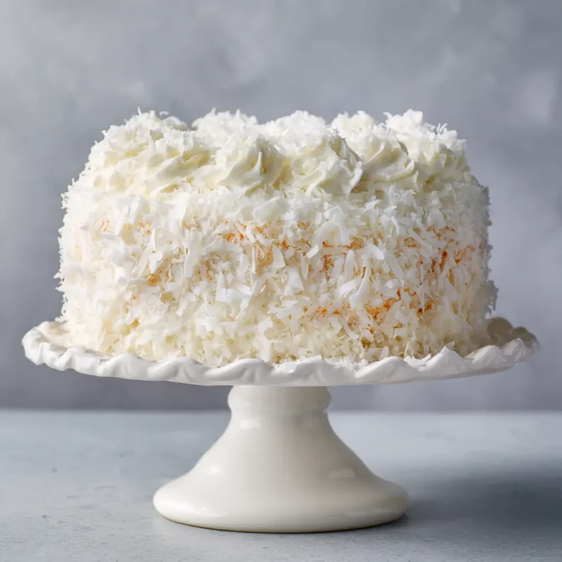 Whole Coconut Cloud Cake displayed on a white cake stand, covered in fluffy white flake coconut, with a soft marble background.
