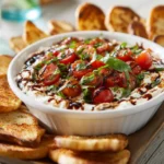 Bruschetta dip with cherry tomatoes, basil, and balsamic glaze