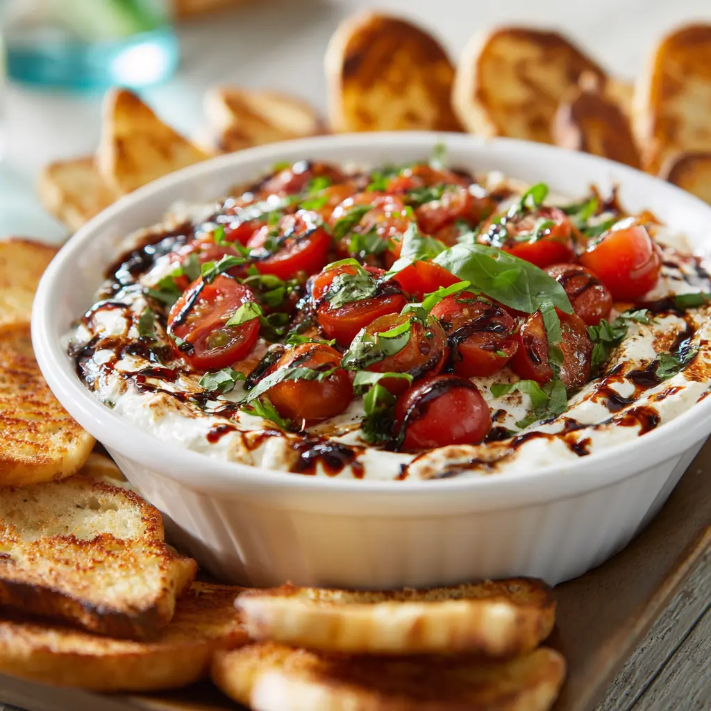 Bruschetta dip with cherry tomatoes, basil, and balsamic glaze