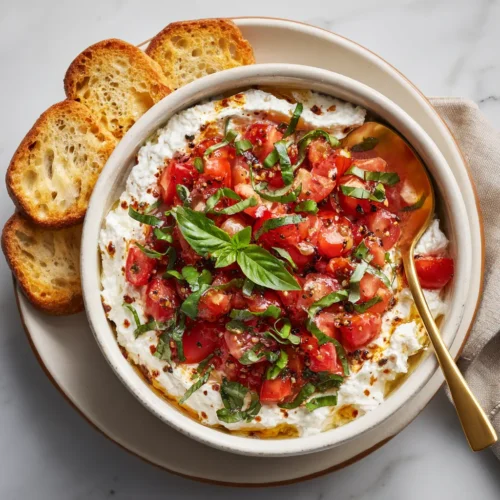 Final dish of creamy bruschetta dip