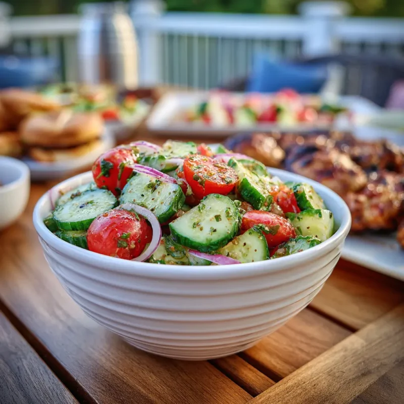 Cucumber Tomato Salad Served at a BBQ Party