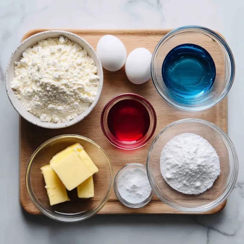 Ingredients for Patriotic Crinkle Cookies including flour, butter, eggs, powdered sugar, and red and blue gel coloring