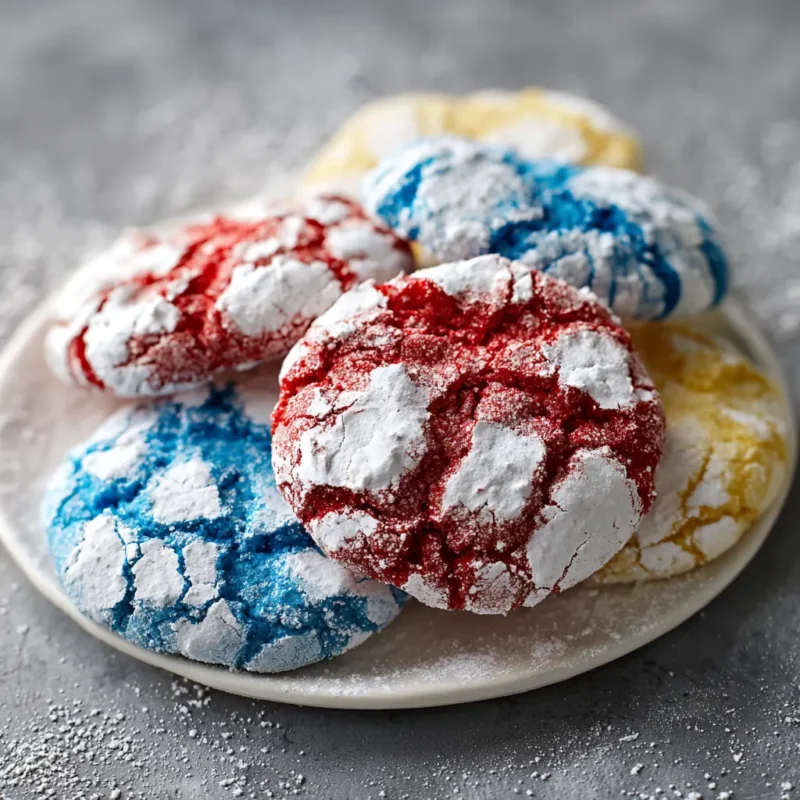 Variations of Patriotic Crinkle Cookies in red, blue, and yellow on a white plate