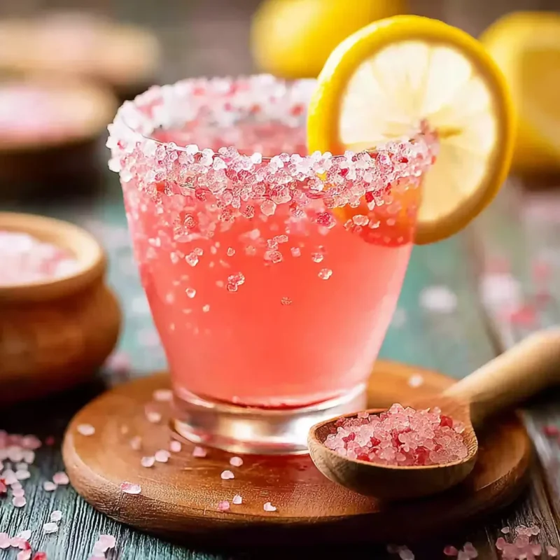 Pink salt detox drink with Himalayan salt rim and lemon slice