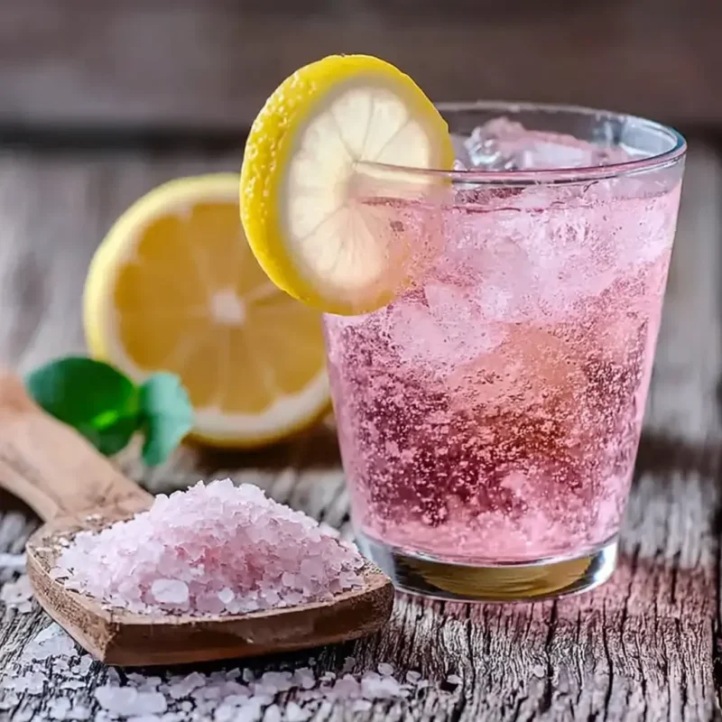 Glass of pink salt detox drink with lemon slice and Himalayan salt