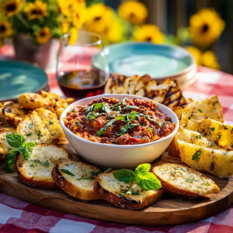 Serving bruschetta dip with toasted crostini and basil