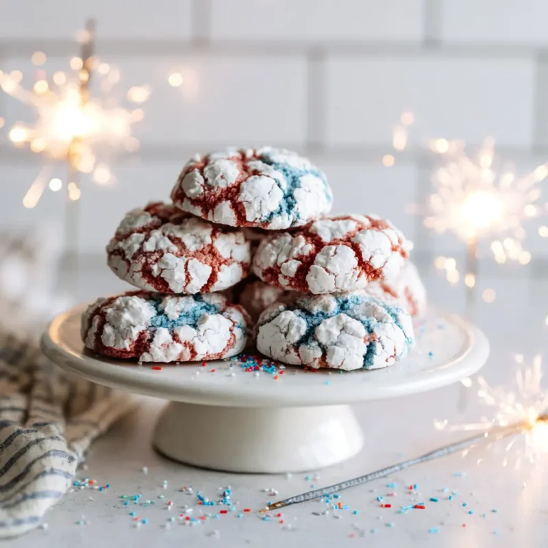 Patriotic Crinkle Cookies on a festive serving platter