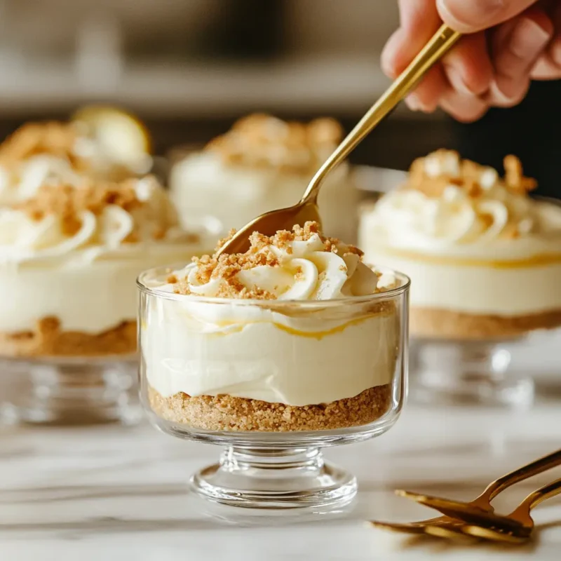 Close-up of no-bake lemon cheesecake cup with visible graham crust