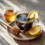 Himalayan Shilajit tonic served with lemon slice and honey in ramekin