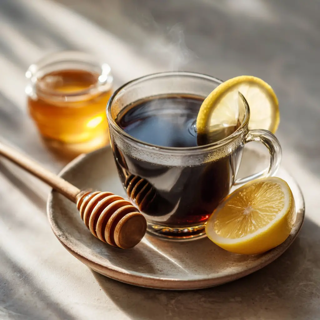 Himalayan Shilajit tonic served with lemon slice and honey in ramekin