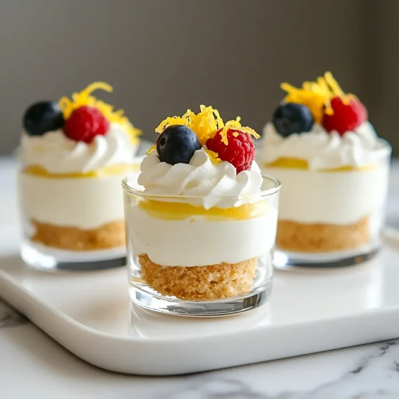 No-bake lemon cheesecake cups topped with whipped cream, lemon zest, raspberries and blueberries