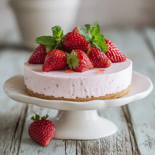 Strawberry mousse cake on a white cake stand