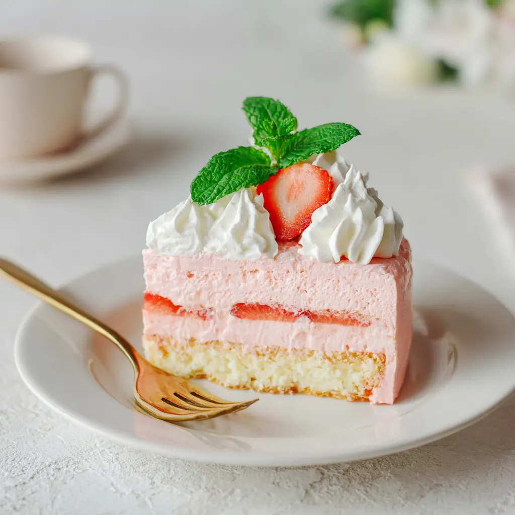 Strawberry mousse cake slice with whipped cream