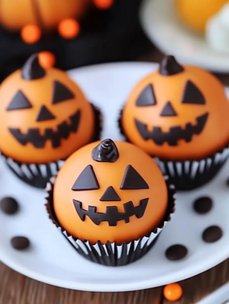 Close-up of Halloween Hot Chocolate Bombs decorated like pumpkins with jack-o’-lantern faces