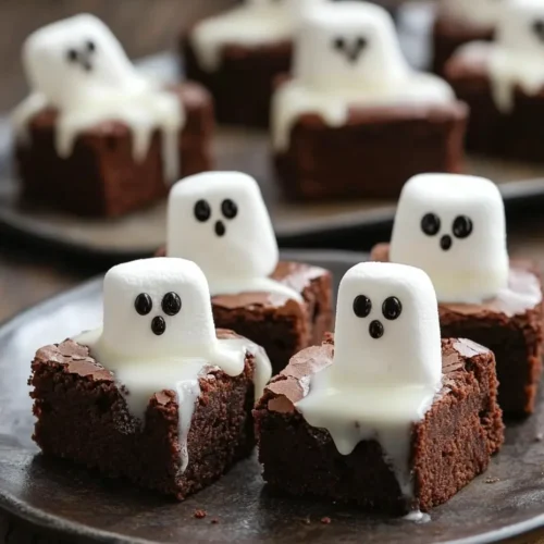 Halloween ghost brownies with marshmallow ghosts and white chocolate drizzle