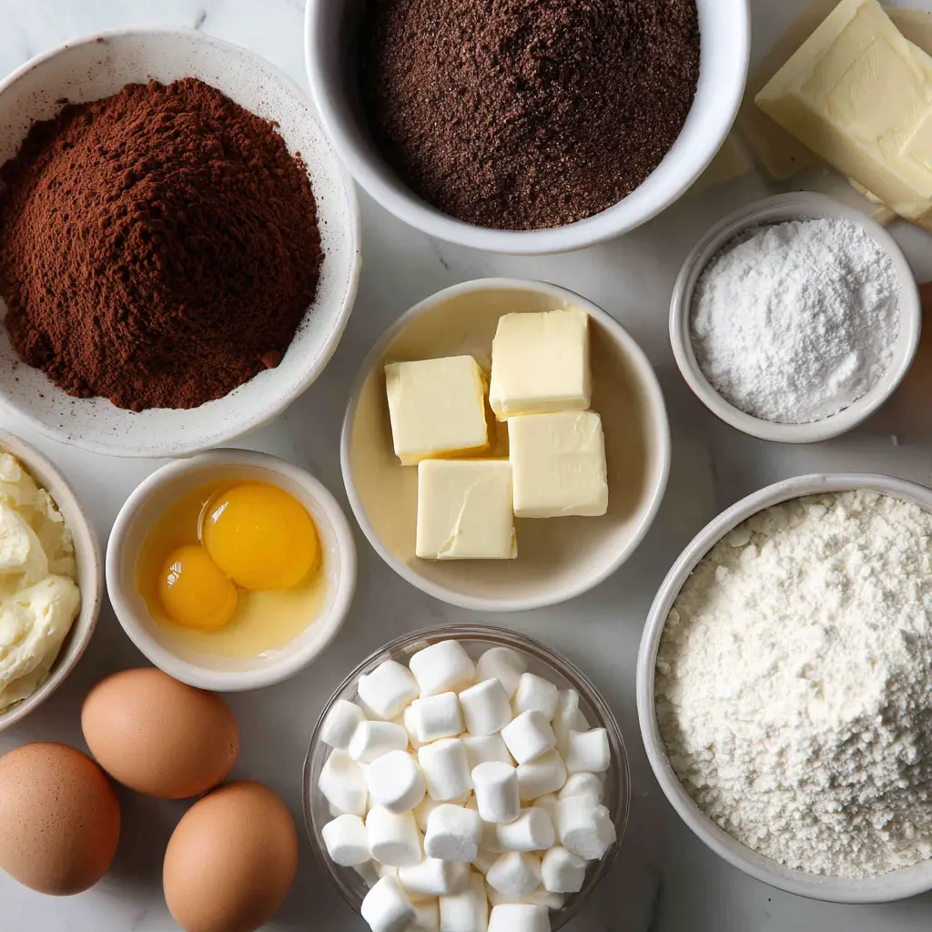 Ingredients for Halloween ghost brownies including cocoa, flour, butter, eggs, sugar, and marshmallows