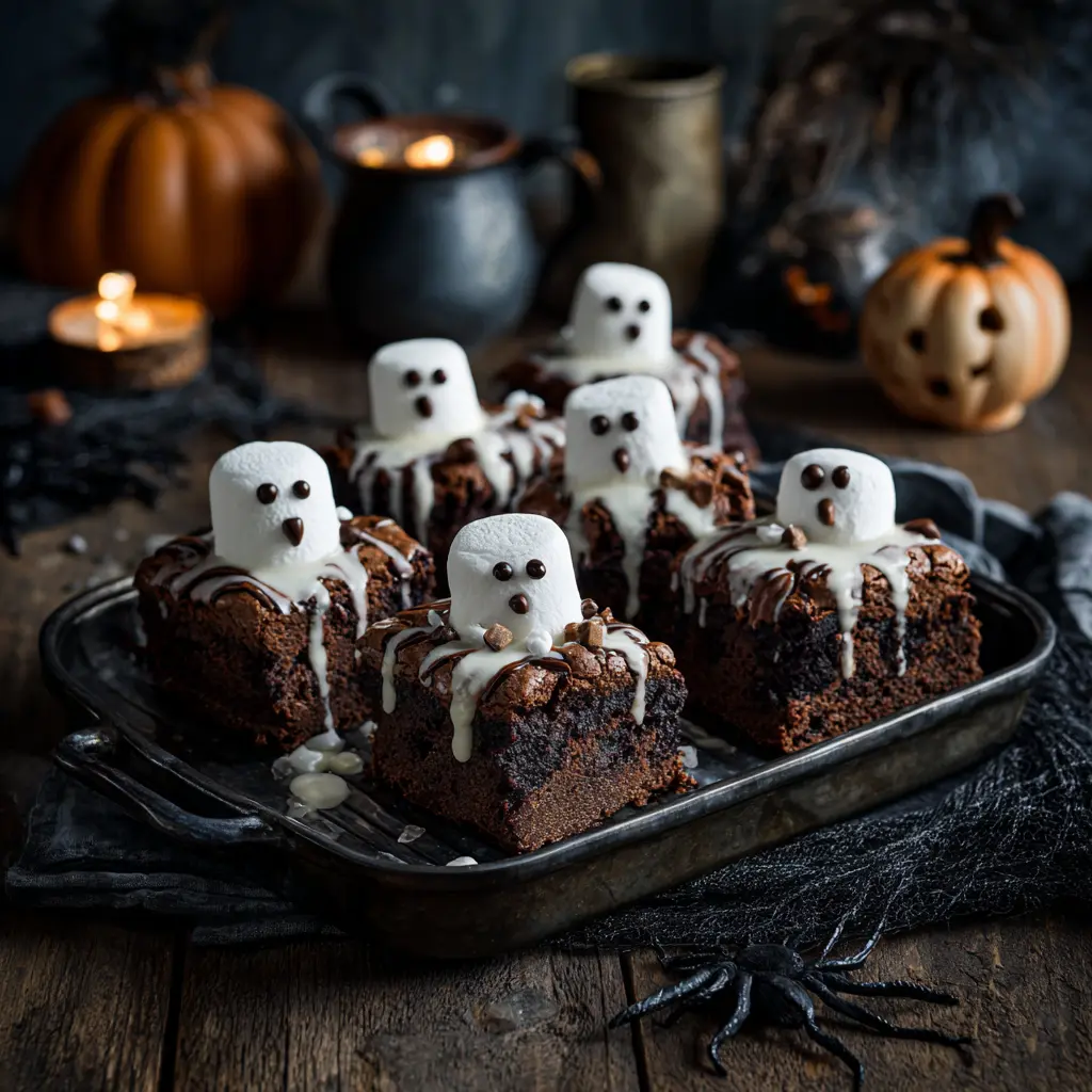 Halloween ghost brownies decorated with marshmallow ghosts and white chocolate drizzle served on a spooky Halloween table