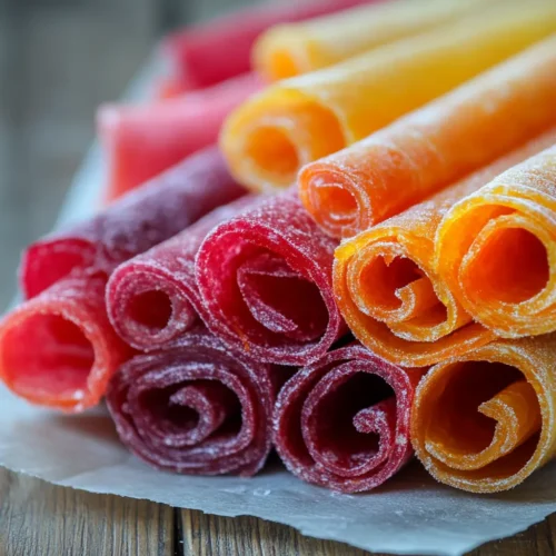 Homemade fruit roll ups stacked and rolled