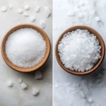Kosher salt vs sea salt comparison in wooden bowls on white background