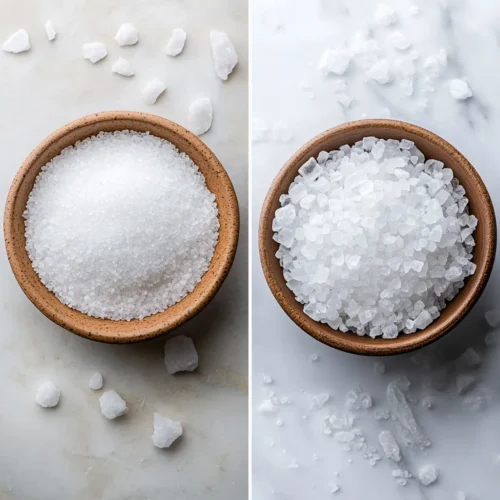 Kosher salt vs sea salt comparison in wooden bowls on white background