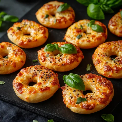 Mini pizza bagels fresh out of oven on wooden board