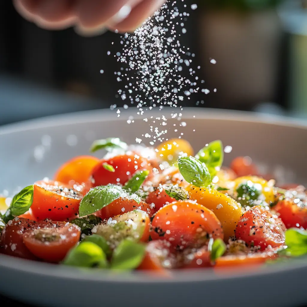 sprinkling sea salt over fresh salad