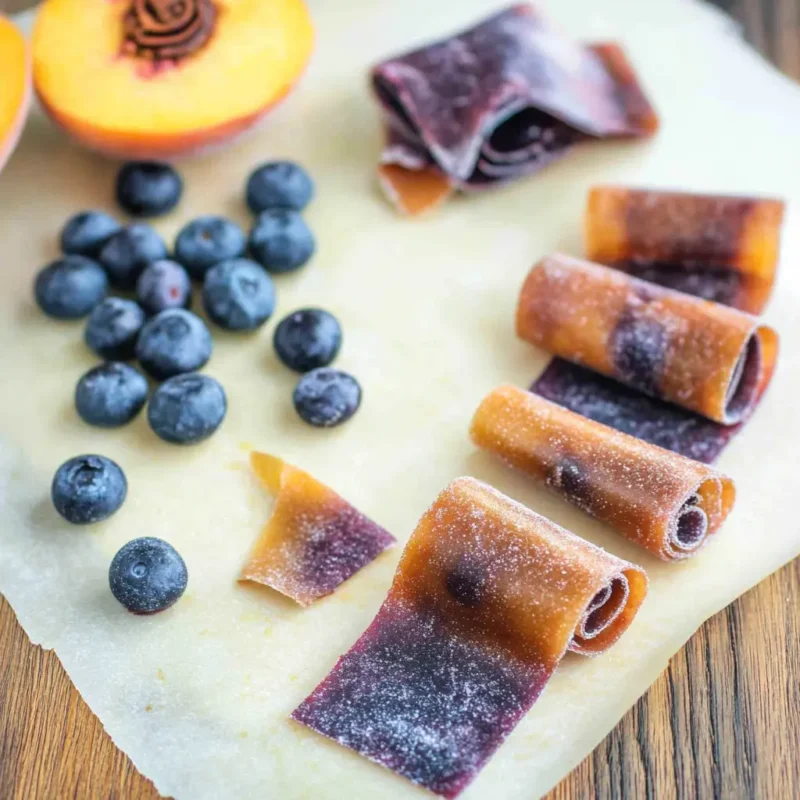 Blueberry Peach Fruit Roll-Ups sliced and rolled with fresh blueberries and peach halves on parchment paper