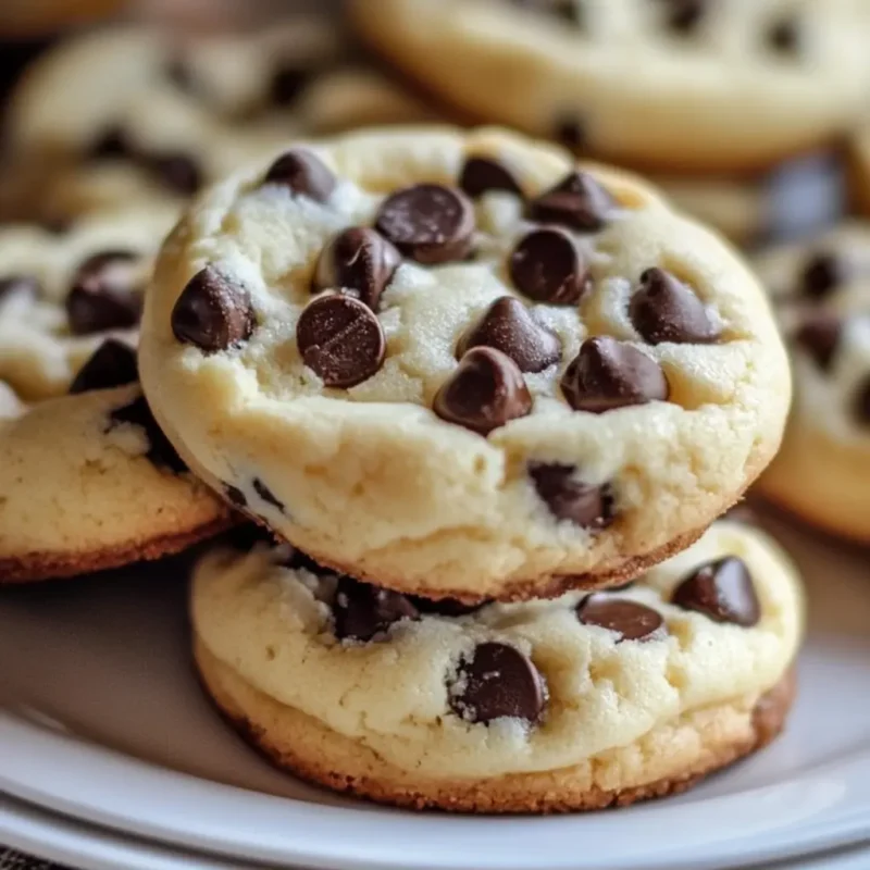 Thick and soft chocolate chip cheesecake cookies stacked on a white plate