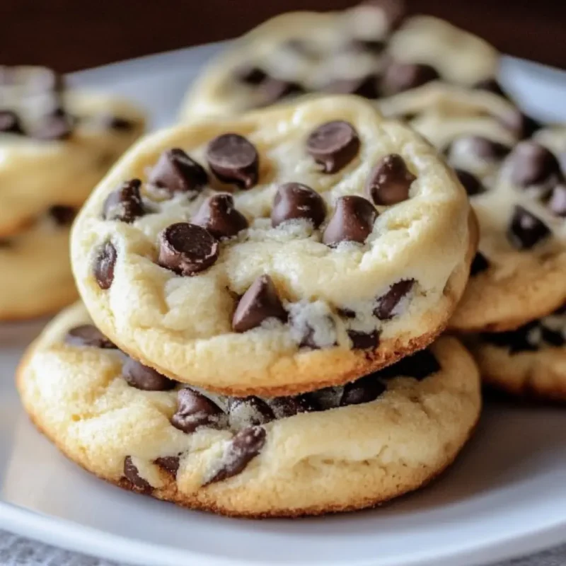 Chocolate chip cheesecake cookies stacked on a plate with golden edges