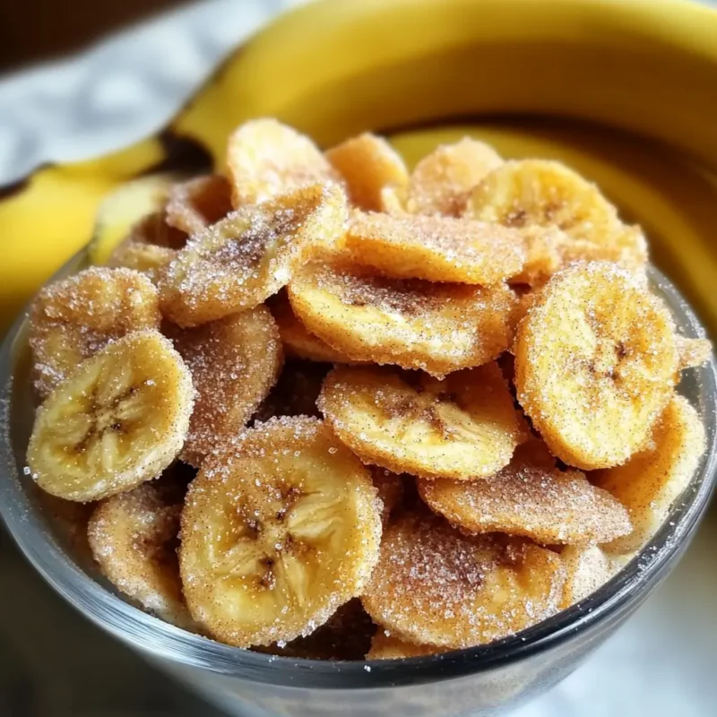 Air-fried crispy cinnamon sugar banana chips in a glass bowl